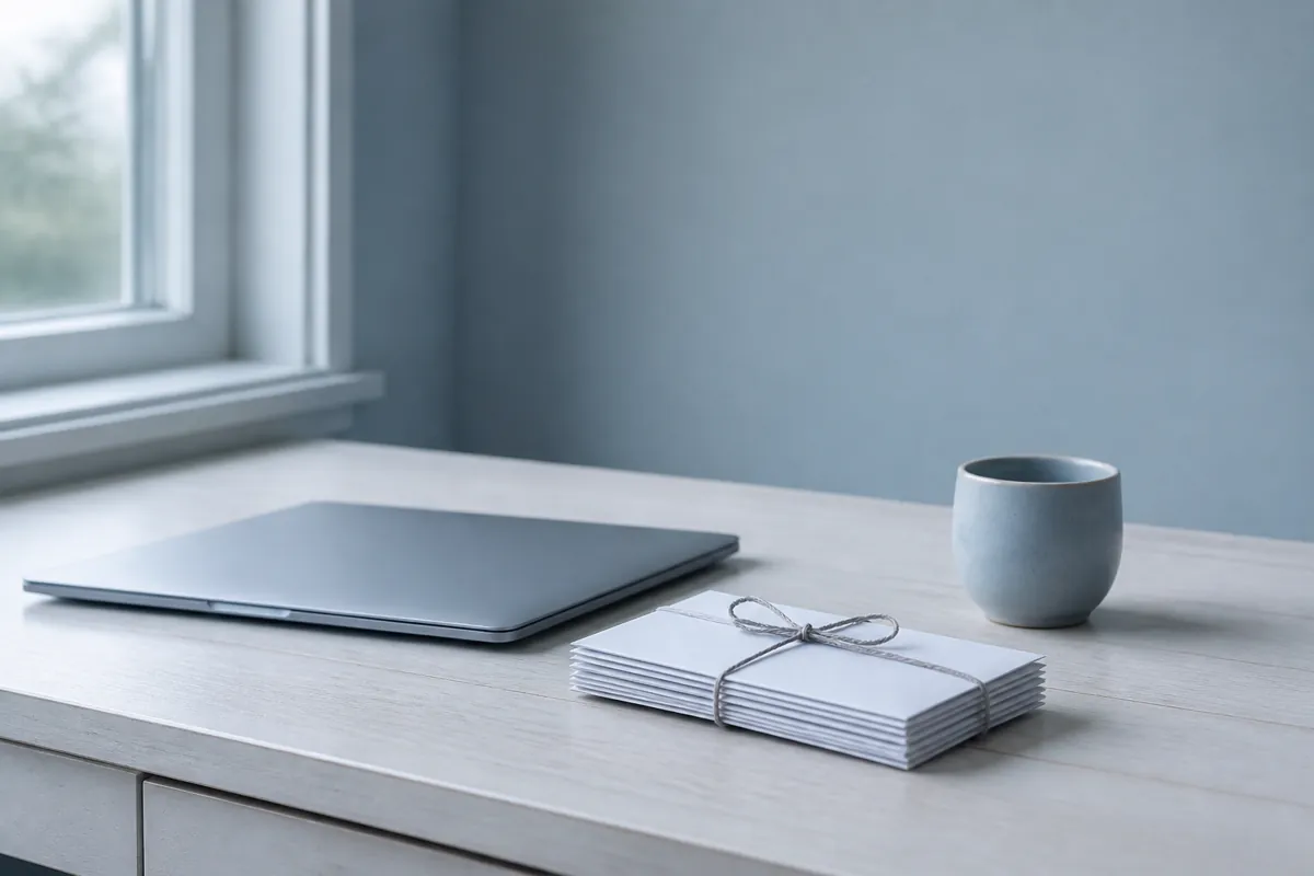 Desk in soft blue-gray tones: a closed laptop beside a bundle of letters tied with string, suggesting quiet mail relay
