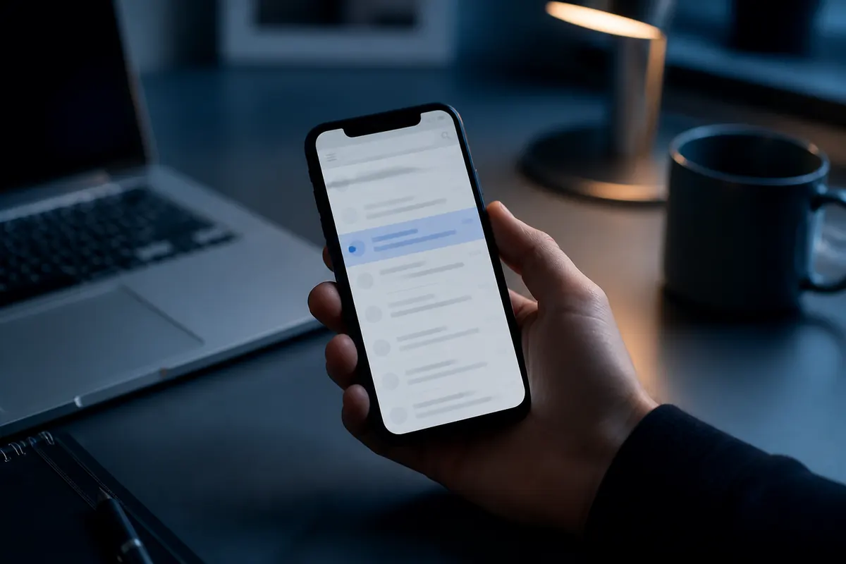 Cool-toned desk scene: a hand holds a phone showing an inbox with one unread message highlighted